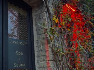 a brick wall with a plant with red flowers at L' Instant Se Crée in Oignies +11 photos
