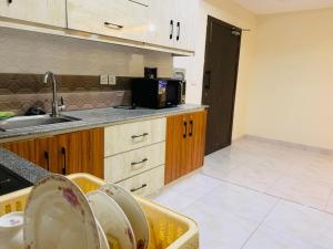a kitchen with a sink and a microwave at Pavilion 99 Serenity Appartment 2bhk in Rawalpindi +15 photos
