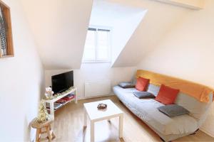 a living room with a couch and a tv at Gîte cosy et paisible près de La Mongie in Campan