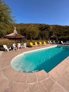 a swimming pool with chairs and umbrellas at Fincas del Faldeo in Villa General Belgrano