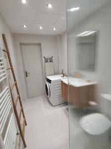 La salle de bains est pourvue d'un lavabo et d'un four micro-ondes. dans l'établissement Independent studio 12 min from Paris, à Deuil-la-Barre