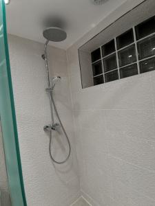 une douche avec pommeau de douche dans une salle de bain dans l'établissement Independent studio 12 min from Paris, à Deuil-la-Barre 1 autre photo