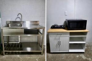 a kitchen with a sink and a microwave at STUDIO Private & Beautifull in Linden +3 photos