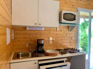 a kitchen with a sink and a microwave at ZEcamping 3 étoiles animaux acceptés piscine snack bar et restaurant in Moutiers-sous-Chantemerle
