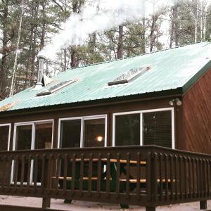 una cabina con un tetto verde da cui esce del fumo di Cabin in the pines a Tamworth