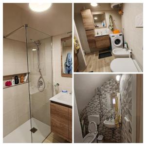 three pictures of a bathroom with a shower and a toilet at Appartamento alla Immacolata Noto Centro Storico in Noto