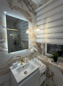 un bagno con lavandino e specchio di Simona House a Šiauliai