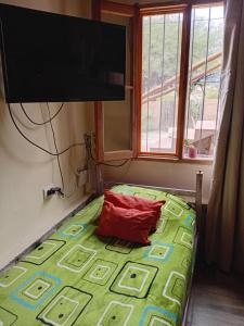 una camera da letto con un letto con un cuscino rosso e una TV a schermo piatto di La Arenosa 1 a Cafayate