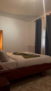 a bed in a bedroom with blue curtains at COMPLEXE L OCEANE Hotel in Kribi +15 photos