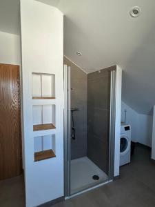 een badkamer met een douche met een glazen deur bij Ferienwohnung Waldzauber in Naumburg +8 foto's