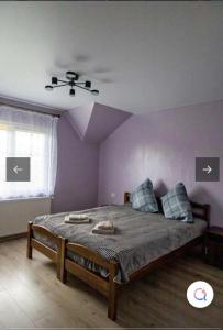 a bedroom with a bed with purple walls and a ceiling at Садиба KAMALOVA in Yasinya