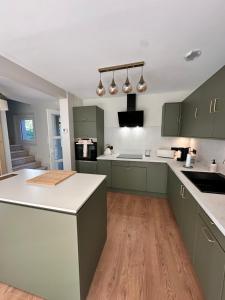 a kitchen with green cabinets and a white counter top at L'écrin du sancy in La Bourboule