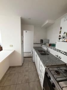 una cucina bianca con lavello e fornello di Catedral Plaza Malvinas a La Plata