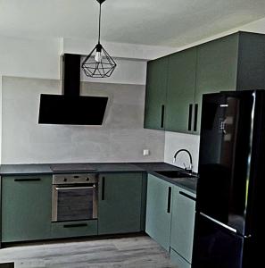 een keuken met groene kasten en een zwarte koelkast bij Apartment J&S nr 77, blisko Aquapark Reda, Trójmiasto in Rumia