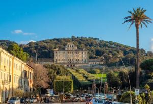 een groot gebouw op een heuvel met een palmboom bij Frascati's Most Exclusive Stay Central Square in Frascati
