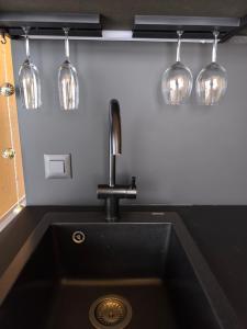 een gootsteen met vier wijnglazen erboven. bij Tiny House 2 im Allgäu mit gr. Garten, Randlage in Bad Wurzach