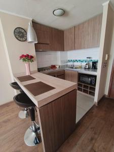 een keuken met houten kasten en een aanrecht met bloemen erop bij Edificio Concepto in Calama