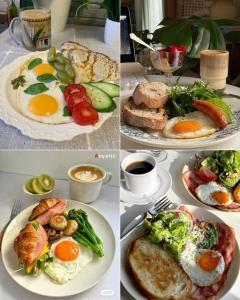 een collage van vier foto's van ontbijtproducten op borden bij UK Hotel in Abbottābād