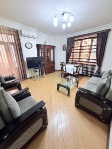 een woonkamer met 2 banken en een televisie bij Republic Square 2 bedroom 2 bathroom in Jerevan