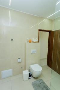 a white bathroom with a toilet and a shower at Adèle résidence in Mandanou