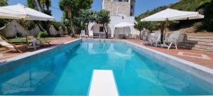 una piscina blu con sedie e ombrelloni di Seaside studio with swimming pool & parking #3 a Kassandra (Kassandria)