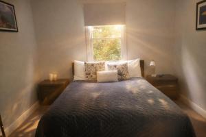 een slaapkamer met een bed met kussens en een raam bij Hidden Gem - St Mary's in Saint Marys