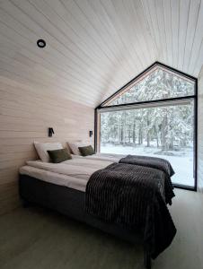 un lit dans une chambre avec une grande fenêtre dans l'établissement Arctic Nest, à Kotila
