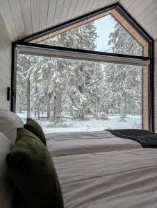 une chambre avec une grande fenêtre donnant sur une cour enneigée dans l'établissement Arctic Nest, à Kotila