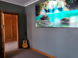 een flatscreen-tv aan de muur in een kamer met een gitaar bij Hidden Gem - St Mary's in Saint Marys