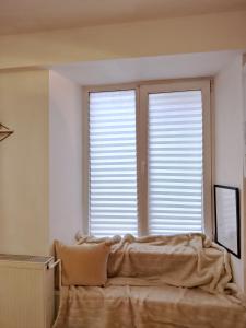 een slaapkamer met een bed voor 2 ramen bij 18 Piata Sfatului in Braşov +6 foto's
