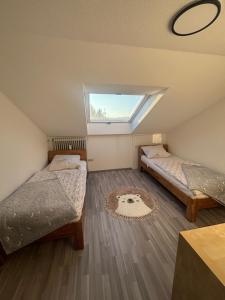 a attic bedroom with two beds and a skylight at Forest Home E&L in Waldshut-Tiengen