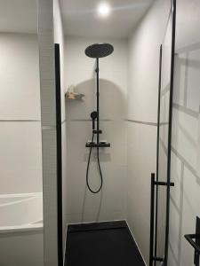 een douche met een douchekop in een badkamer bij L'oranger in Lons-le-Saunier