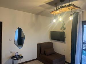 a living room with a chair and a flat screen tv at Rilski Chardak in Sapareva Banya