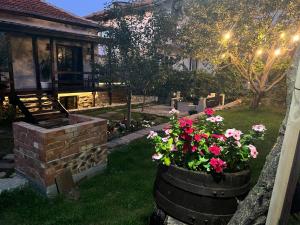 a yard with two barrels of flowers and a house at Rilski Chardak in Sapareva Banya