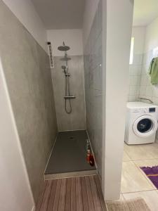 a shower in a bathroom with a washing machine at Rayon des îles bien désirée in Saint-François +13 photos