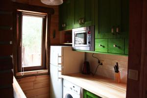 a kitchen with green cabinets and a microwave at Domek Moczykija in Szypliszki