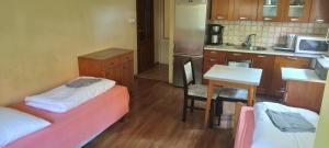 een kleine kamer met 2 bedden en een keuken bij Apartament ist im swineminde ! & erdgeschos in Ahlbeck