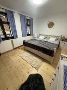 a bedroom with a bed and a chair in it at Chalupa pod jelení skálou in Dolni Dvur