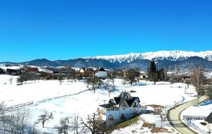 a town in the snow with mountains in the background at Carpathia Magic -adults only in Peştera