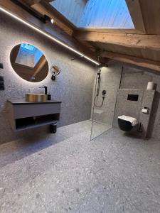 une salle de bain avec un lavabo et un miroir et des toilettes dans l'établissement GOLDMARIE - Apartments, à Aschau