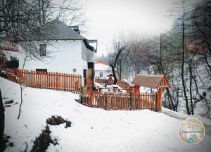 RuginoasaConacul Copilăriei的雪中带木栅栏的房子