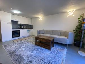 a living room with a couch and a coffee table at Cozy ground floor apartment in Xonrupt-Longemer
