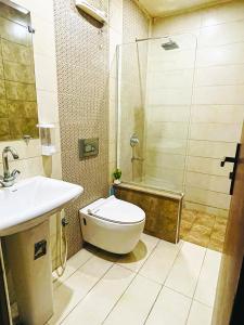 a bathroom with a toilet and a sink and a shower at Royal Rooms - Misaq-ul-mall in Faisalabad +7 photos