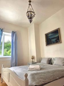 a bedroom with a large bed with a chandelier at White Haven in Chřibská