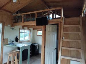a loft bed in a tiny house at La petite cabane de Putemun in Castro