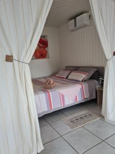 ein Schlafzimmer mit einem großen Bett mit einem Vorhang in der Unterkunft mahinas lodge in Mahina