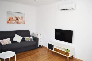 sala de estar con sofá negro y TV en Ático Fenicia en Cádiz