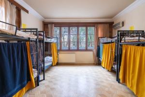 een kamer met 4 stapelbedden en een raam bij European Backpackers Hostel and 大廚房 in Tbilisi City