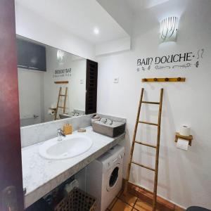 een badkamer met een wastafel en een spiegel bij Studio La "KAZ À COCO" Tartane in La Trinité