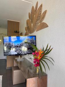 a living room with a large flat screen tv on a wall at Studio Les Marines V - calme - vue sur le golf in Saint-François